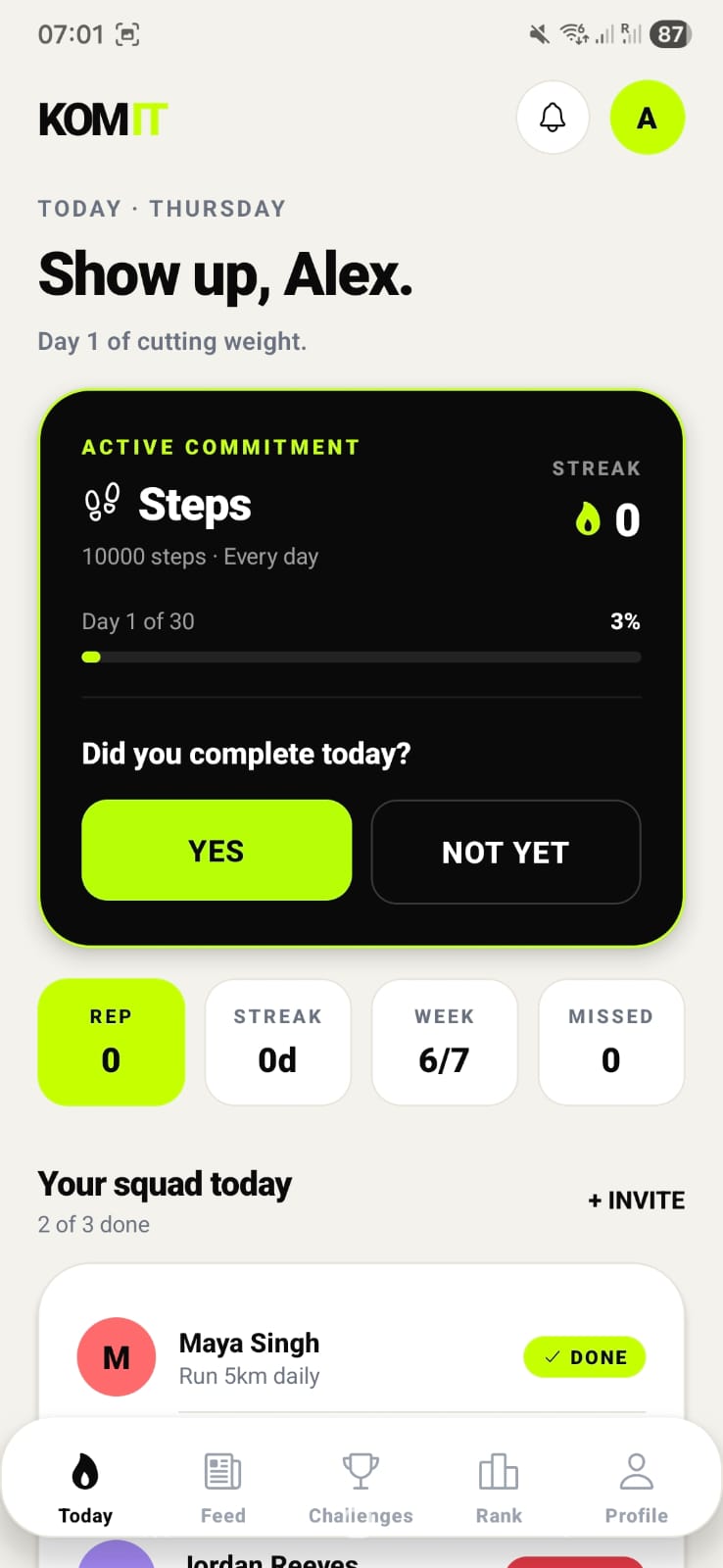 KOMIT home screen with the active commitment and daily check-in